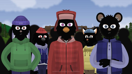 An angry crowd of local residents led by Reggie Branta stares angrily at someone off screen.