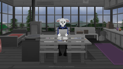 Ghost Willow Brooks sitting alone in Fire Lookout Tower 22 with some art supplies on the table.