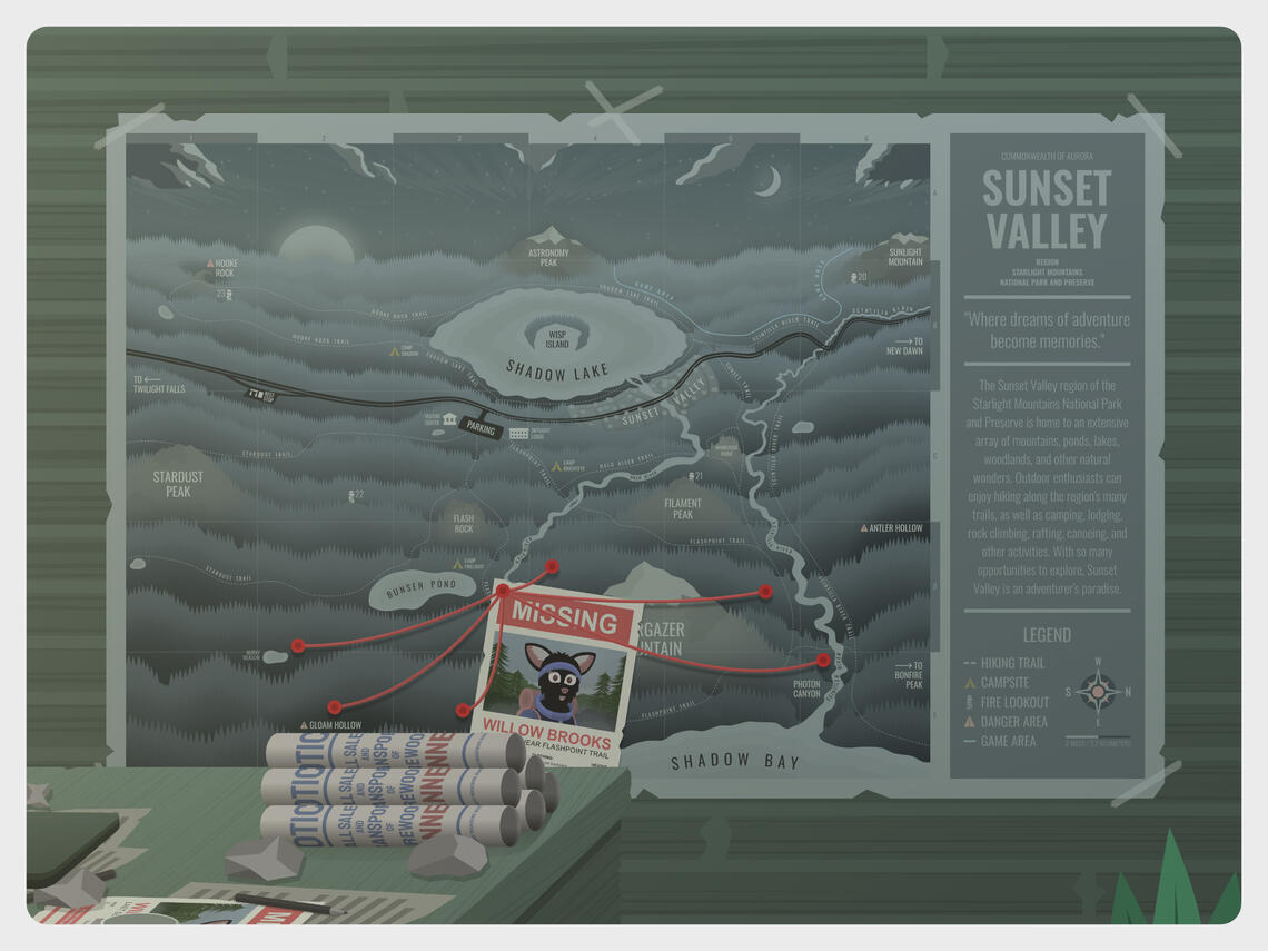 A picture showing a map of Sunset Valley in Ernest's office.