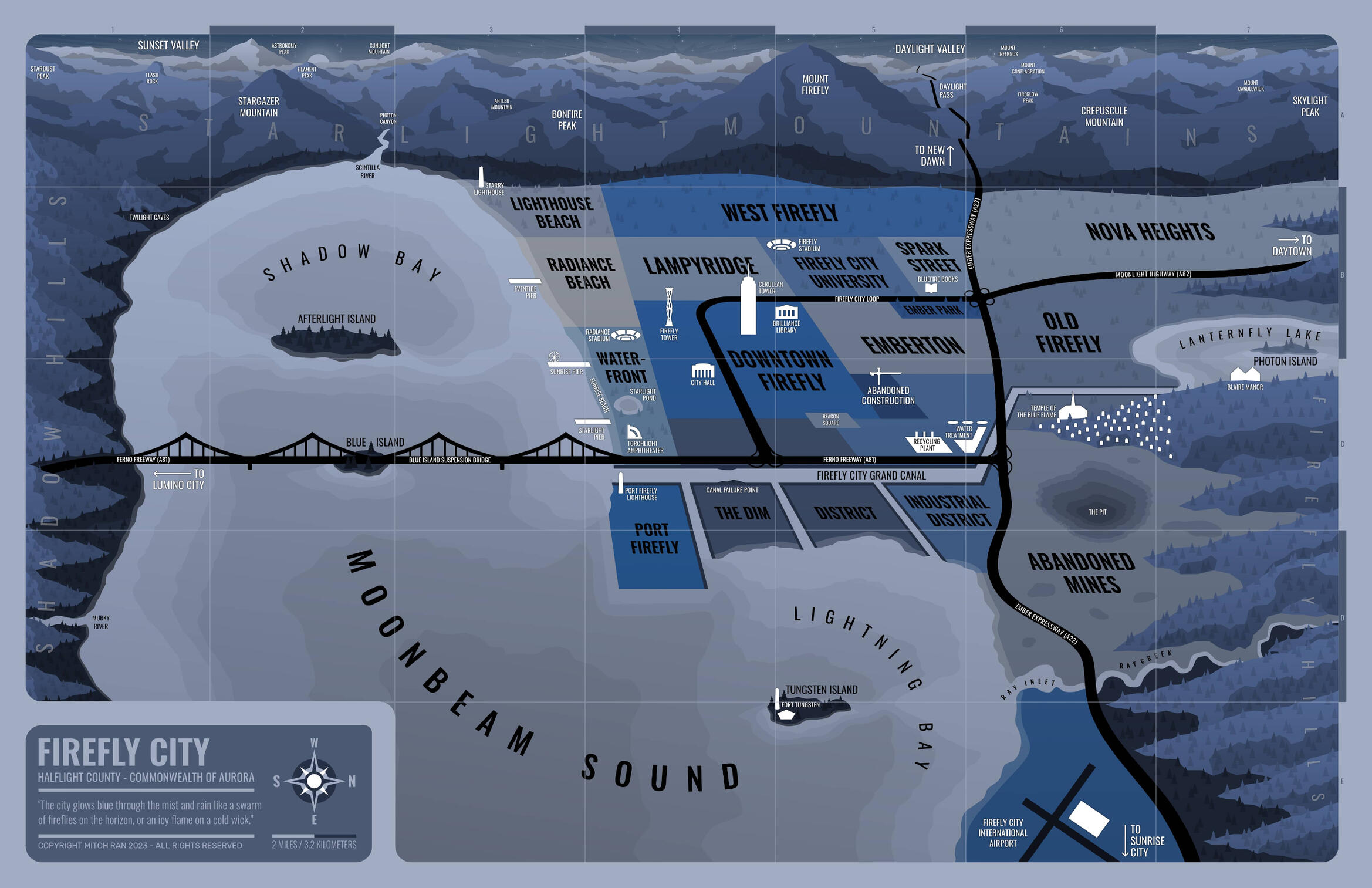 A map of the various districts and surrounding areas of Firefly City. A map of the various districts and surrounding areas of Firefly City.