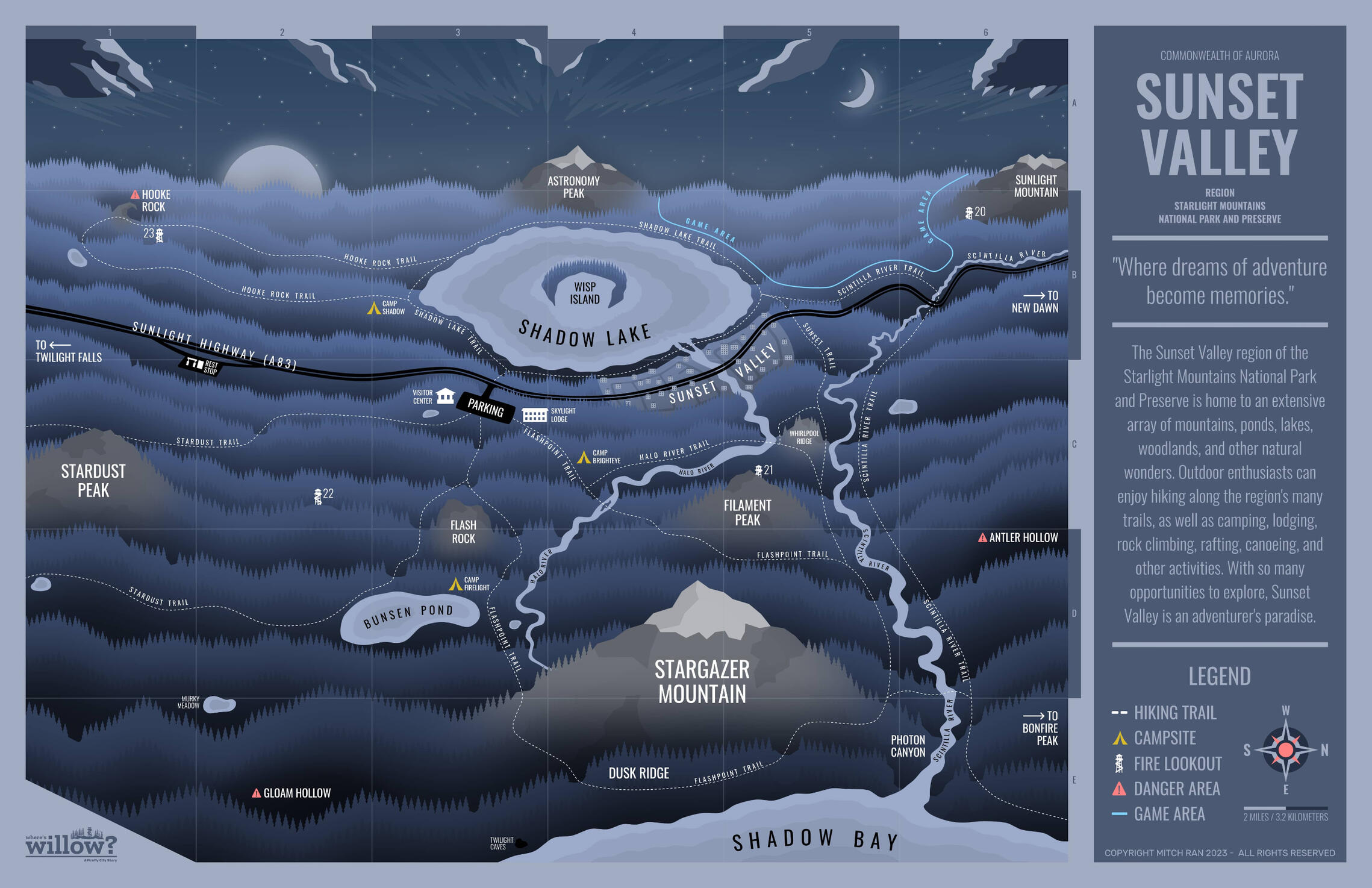 A map of the Sunset Valley region of the (fictional) Starlight Mountains National Park and Preserve. A map of the Sunset Valley region of the (fictional) Starlight Mountains National Park and Preserve.