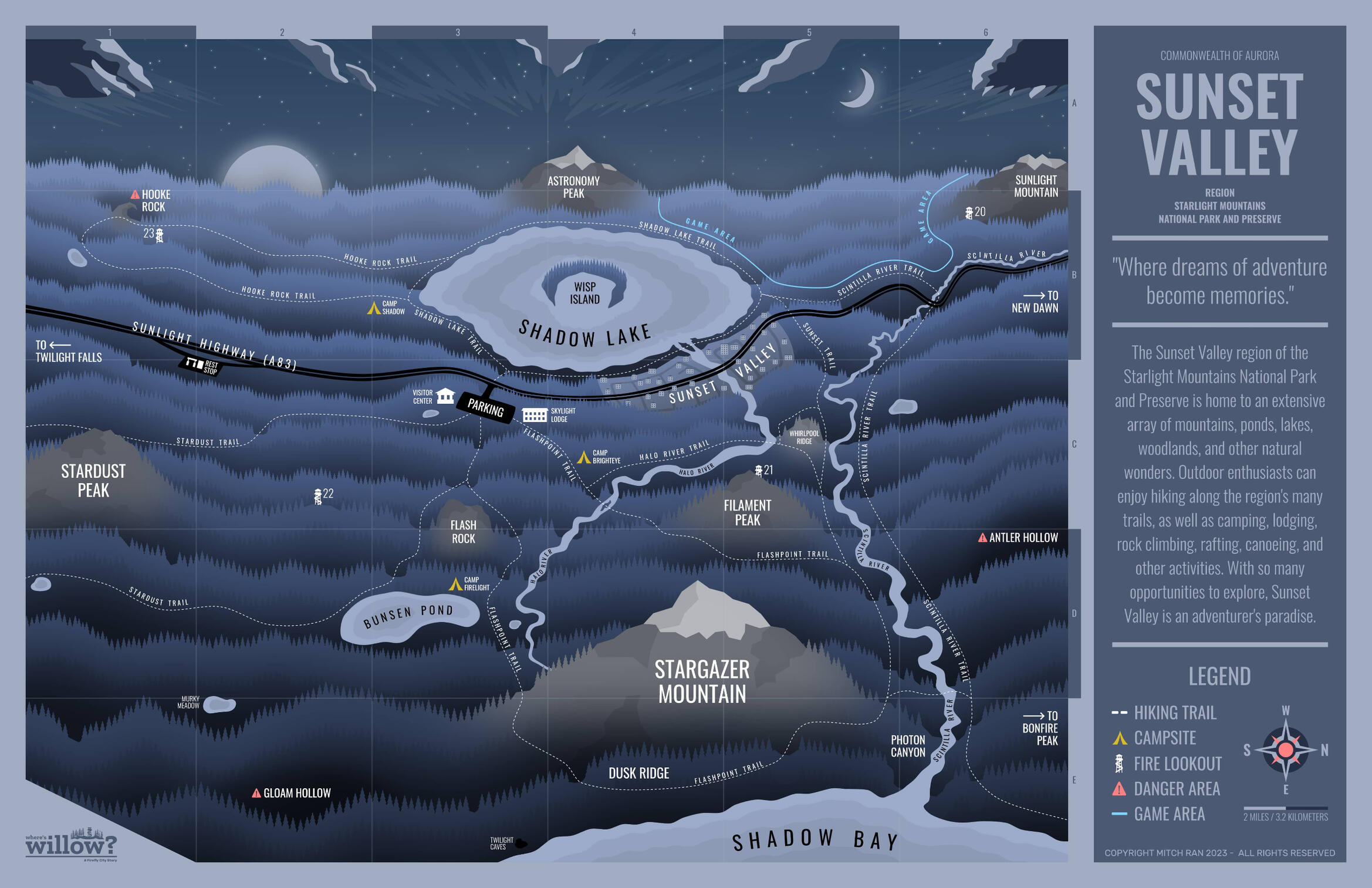 A map of the Sunset Valley region of the (fictional) Starlight Mountains National Park and Preserve. A map of the Sunset Valley region of the (fictional) Starlight Mountains National Park and Preserve.